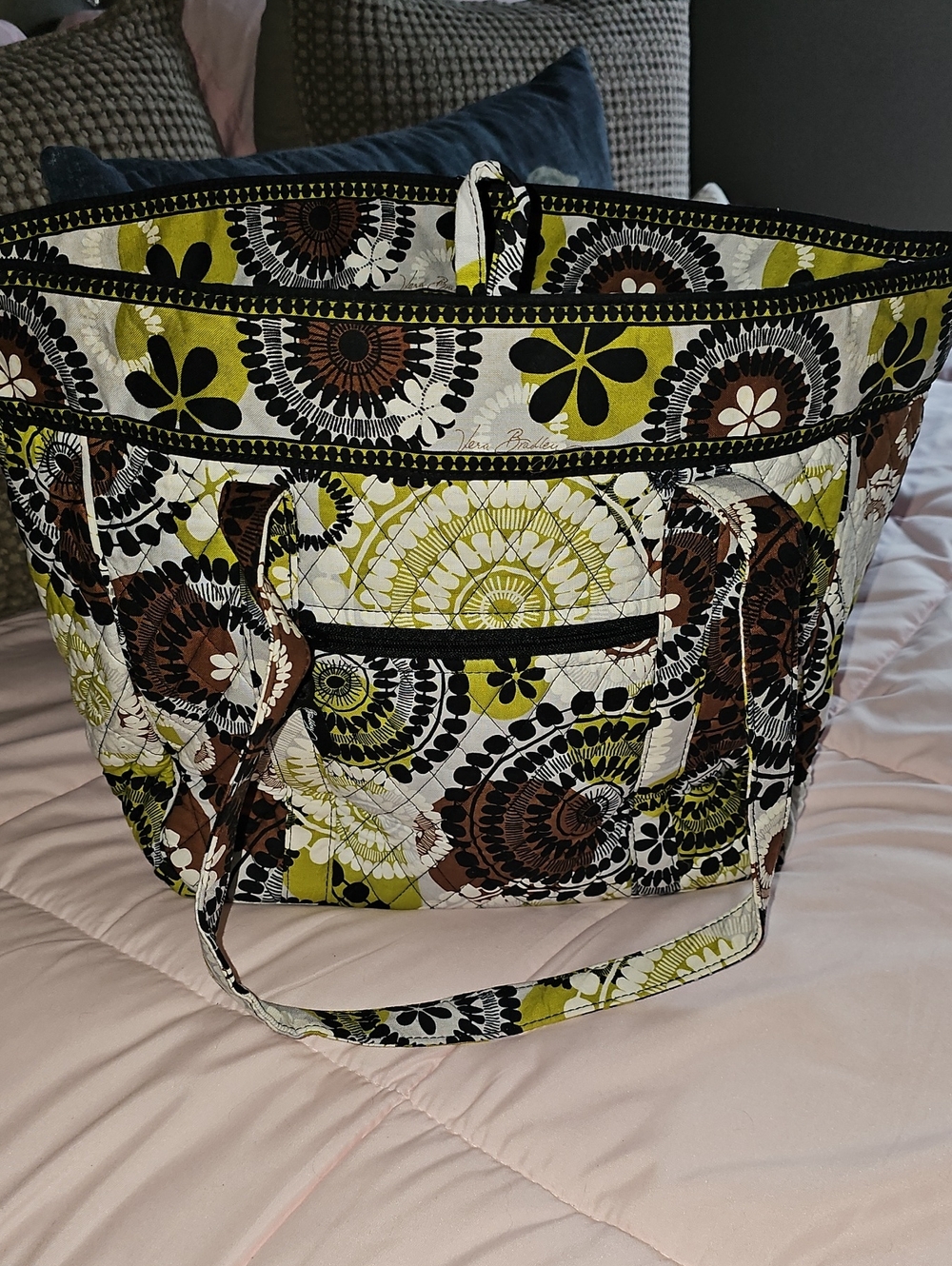Vera Bradley Quilted Tote in Olive, Brown & Black Floral Medallion